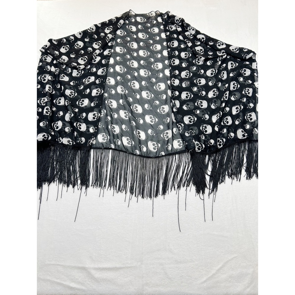Women Black White Skull Print Fringe Kimono Wrap Sheer Chiffon Shawl Cover Up